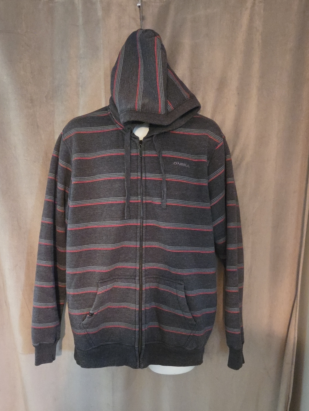 O'Neill Men's Large Charcoal Zip Hoodie with Red Stripe Detail